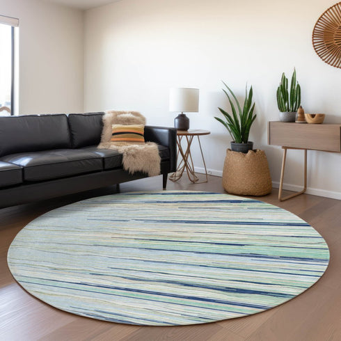 8' Sky Blue Olive Green And Ivory Striped Washable Round Rug With UV Protection