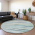 8' Sky Blue Olive Green And Ivory Striped Washable Round Rug With UV Protection