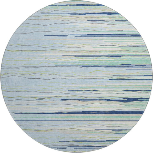 8' Sky Blue Olive Green And Ivory Striped Washable Round Rug With UV Protection