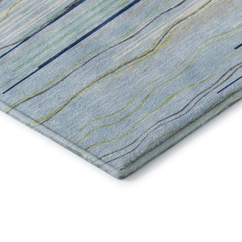 8' Sky Blue Olive Green And Ivory Striped Washable Round Rug With UV Protection