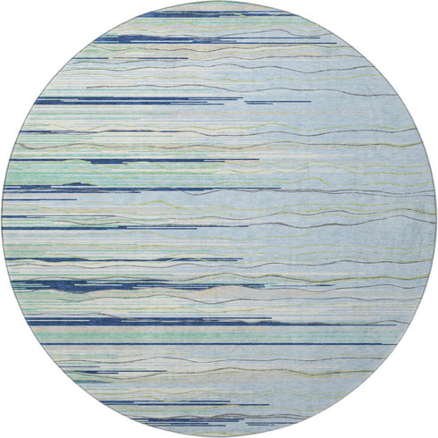 8' Sky Blue Olive Green And Ivory Striped Washable Round Rug With UV Protection