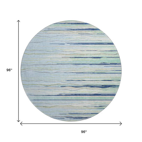 8' Sky Blue Olive Green And Ivory Striped Washable Round Rug With UV Protection