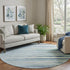 8' Sky Blue Olive Green And Ivory Striped Washable Round Rug With UV Protection