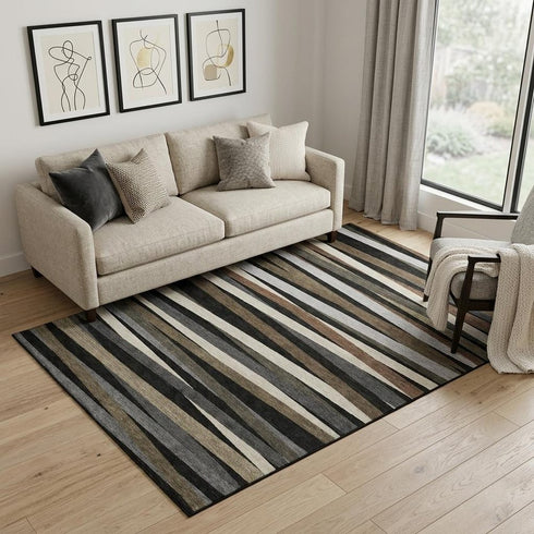 5' X 8' Black Brown And Ivory Striped Washable Area Rug With UV Protection