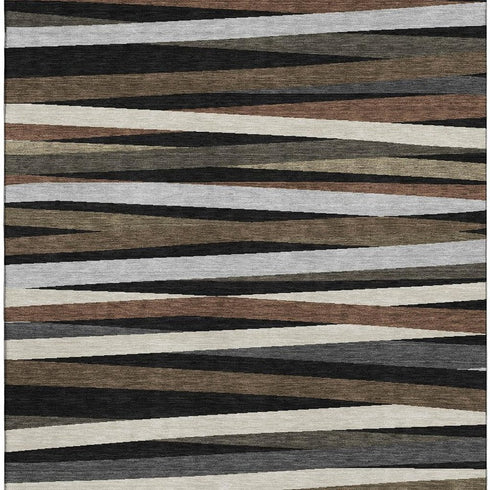 5' X 8' Black Brown And Ivory Striped Washable Area Rug With UV Protection