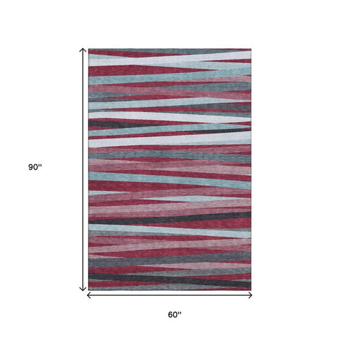 5' X 8' Burgundy Gray And Ivory Striped Washable Area Rug With UV Protection