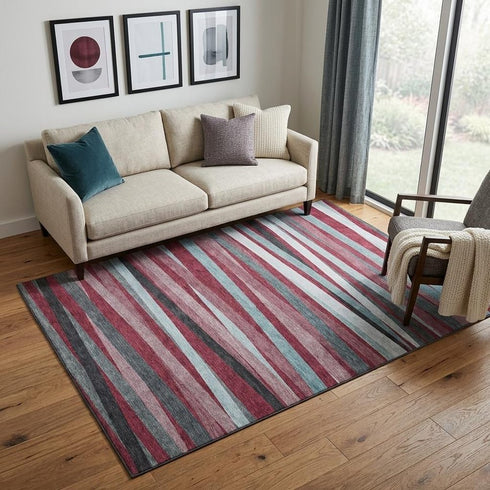 5' X 8' Burgundy Gray And Ivory Striped Washable Area Rug With UV Protection