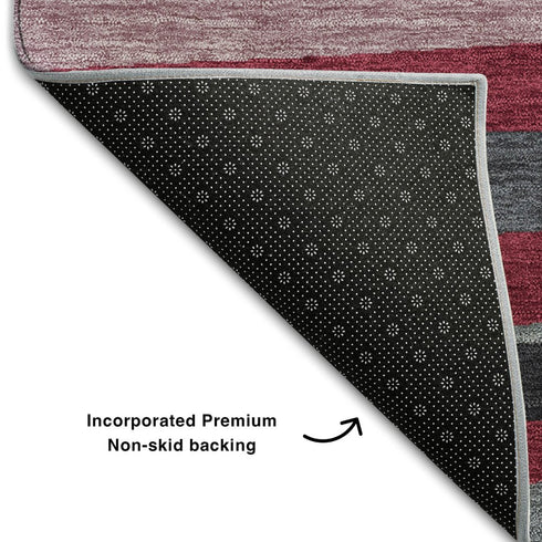 5' X 8' Burgundy Gray And Ivory Striped Washable Area Rug With UV Protection
