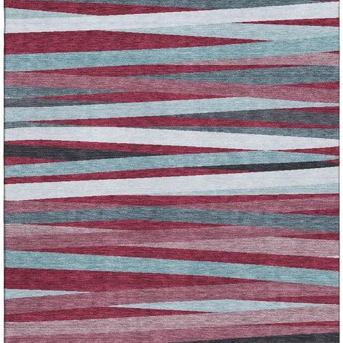 5' X 8' Burgundy Gray And Ivory Striped Washable Area Rug With UV Protection