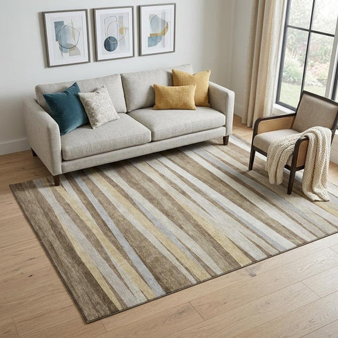 5' X 8' Brown Taupe And Beige Striped Washable Area Rug With UV Protection