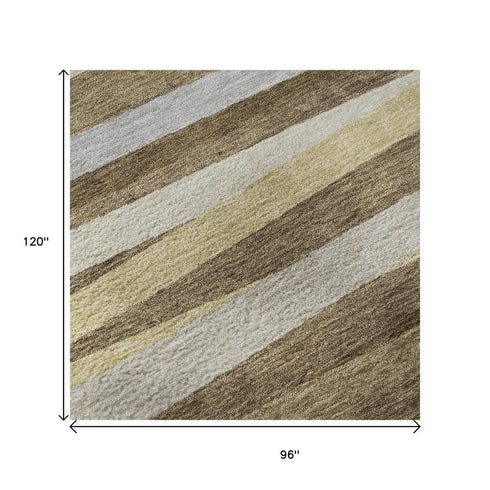 8' X 10' Brown Taupe And Beige Striped Washable Area Rug With UV Protection