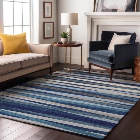 9' X 12' Navy Blue Ivory And Gray Striped Washable Area Rug With UV Protection
