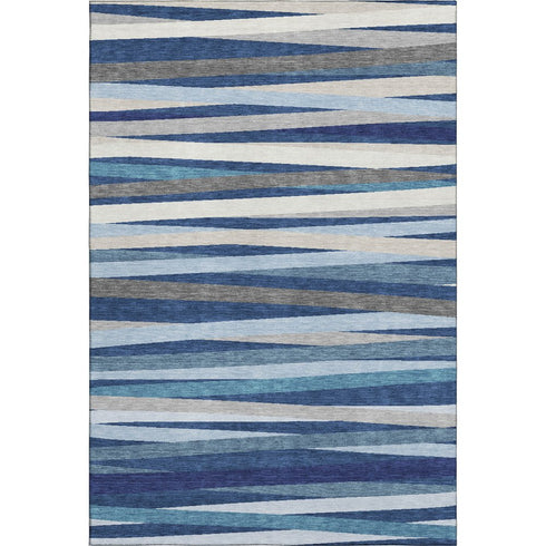 9' X 12' Navy Blue Ivory And Gray Striped Washable Area Rug With UV Protection