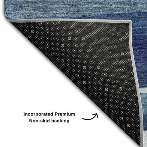 9' X 12' Navy Blue Ivory And Gray Striped Washable Area Rug With UV Protection