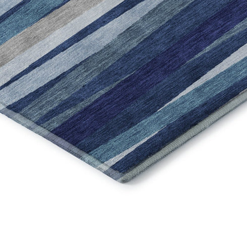 9' X 12' Navy Blue Ivory And Gray Striped Washable Area Rug With UV Protection