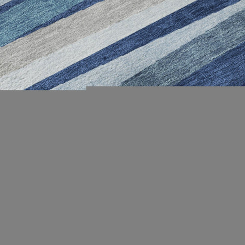 9' X 12' Navy Blue Ivory And Gray Striped Washable Area Rug With UV Protection