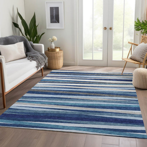 9' X 12' Navy Blue Ivory And Gray Striped Washable Area Rug With UV Protection