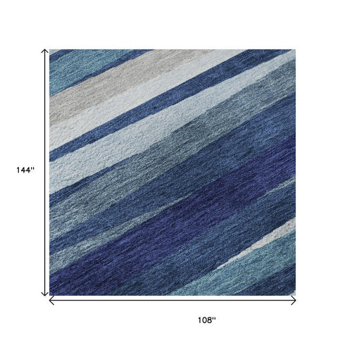 9' X 12' Navy Blue Ivory And Gray Striped Washable Area Rug With UV Protection