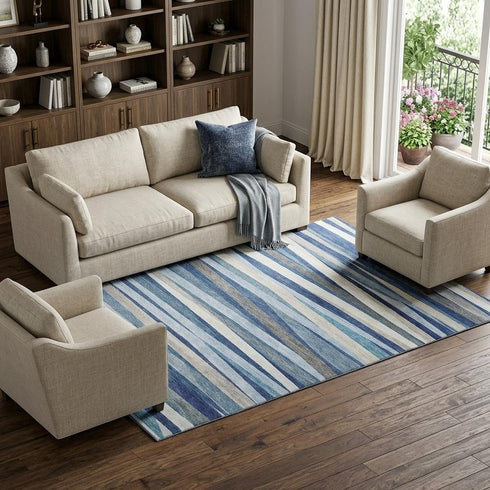 9' X 12' Navy Blue Ivory And Gray Striped Washable Area Rug With UV Protection