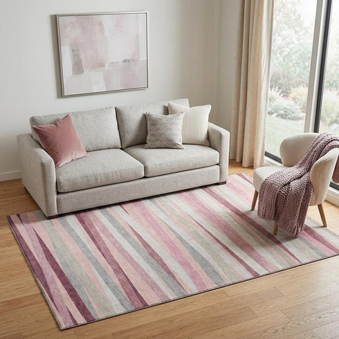 5' X 8' Pink Ivory And Blush Striped Washable Area Rug With UV Protection