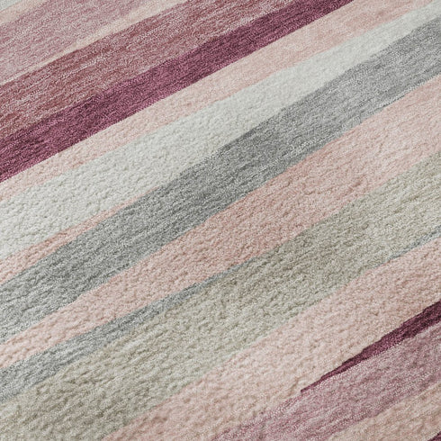5' X 8' Pink Ivory And Blush Striped Washable Area Rug With UV Protection