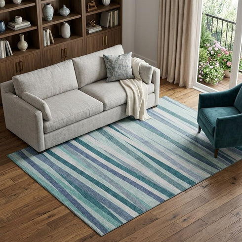 8' X 10' Teal Ivory And Blue Striped Washable Area Rug With UV Protection
