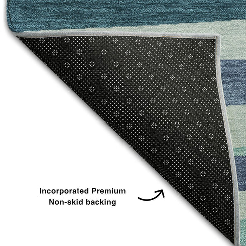 8' X 10' Teal Ivory And Blue Striped Washable Area Rug With UV Protection