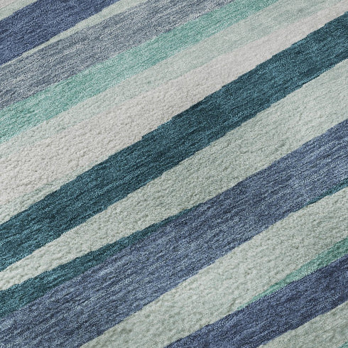 8' X 10' Teal Ivory And Blue Striped Washable Area Rug With UV Protection