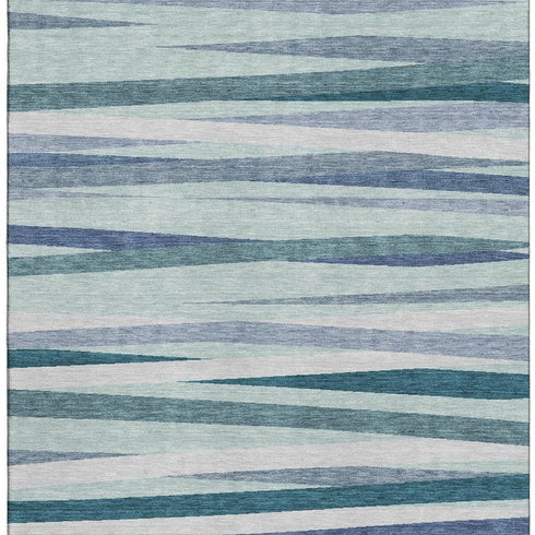 8' X 10' Teal Ivory And Blue Striped Washable Area Rug With UV Protection