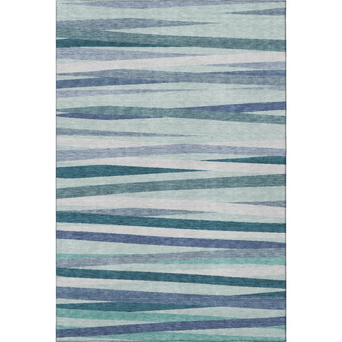 8' X 10' Teal Ivory And Blue Striped Washable Area Rug With UV Protection