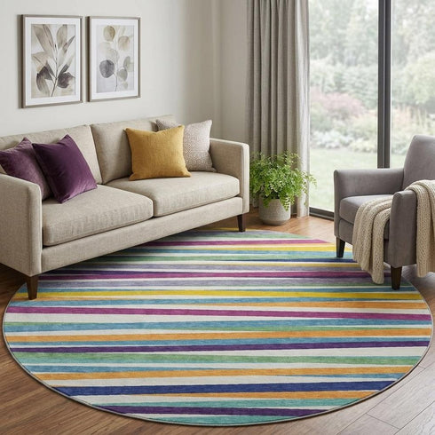8' White Purple And Yellow Striped Washable Round Rug With UV Protection