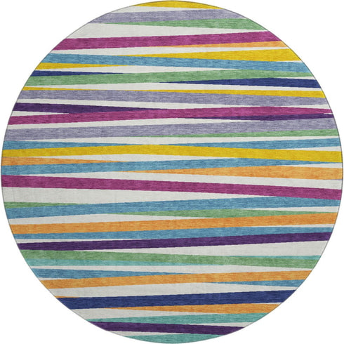 8' White Purple And Yellow Striped Washable Round Rug With UV Protection