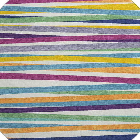 8' White Purple And Yellow Striped Washable Round Rug With UV Protection