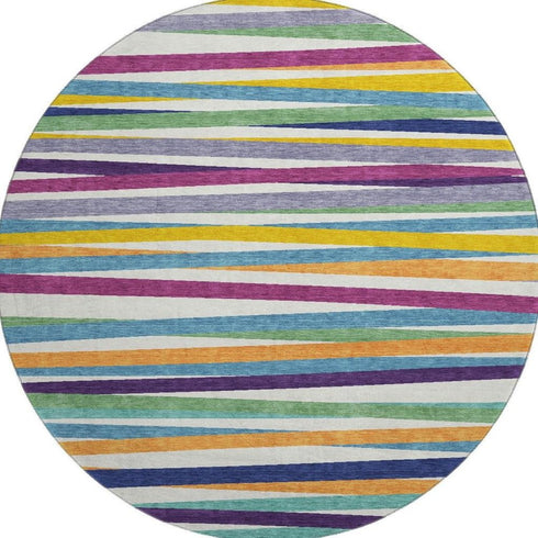 8' White Purple And Yellow Striped Washable Round Rug With UV Protection