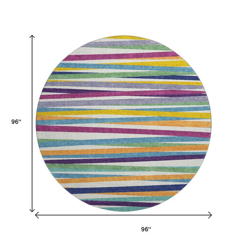 8' White Purple And Yellow Striped Washable Round Rug With UV Protection