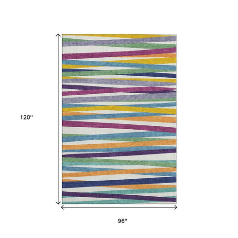 8' X 10' White Purple And Yellow Striped Washable Area Rug With UV Protection