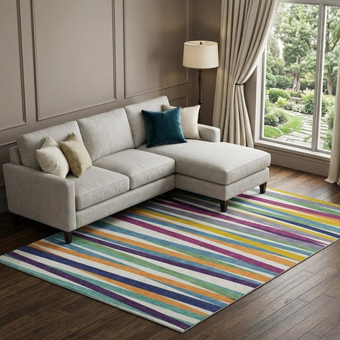 8' X 10' White Purple And Yellow Striped Washable Area Rug With UV Protection