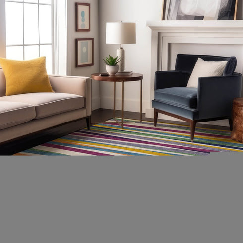 8' X 10' White Purple And Yellow Striped Washable Area Rug With UV Protection