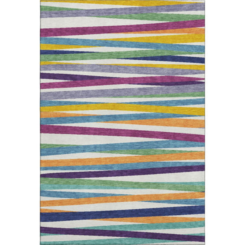 8' X 10' White Purple And Yellow Striped Washable Area Rug With UV Protection