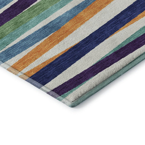 8' X 10' White Purple And Yellow Striped Washable Area Rug With UV Protection