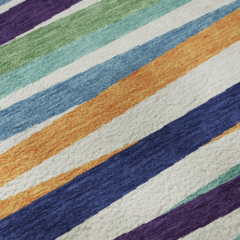8' X 10' White Purple And Yellow Striped Washable Area Rug With UV Protection