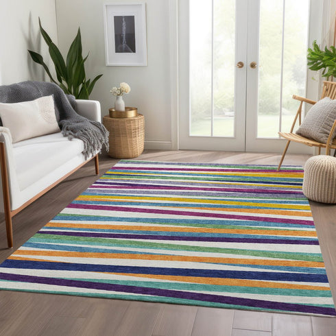 8' X 10' White Purple And Yellow Striped Washable Area Rug With UV Protection