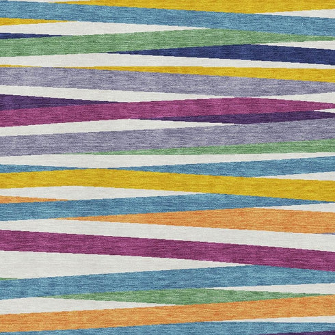 8' X 10' White Purple And Yellow Striped Washable Area Rug With UV Protection