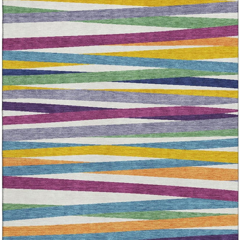 8' X 10' White Purple And Yellow Striped Washable Area Rug With UV Protection