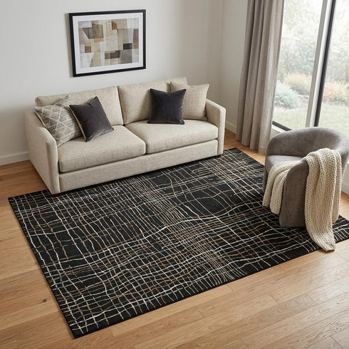 5' X 8' Black Ivory And Beige Striped Washable Area Rug With UV Protection