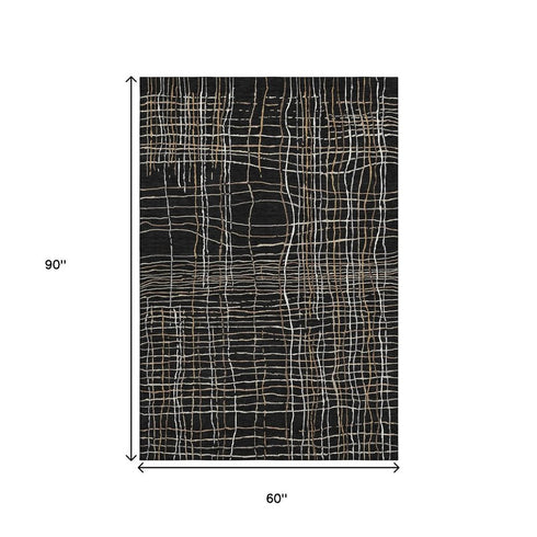 5' X 8' Black Ivory And Beige Striped Washable Area Rug With UV Protection