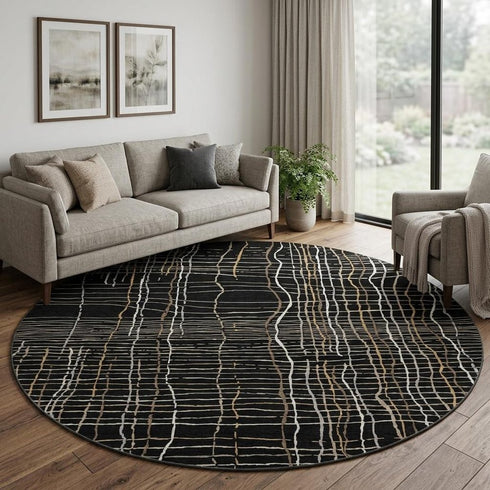 8' Black Ivory And Beige Striped Washable Round Rug With UV Protection