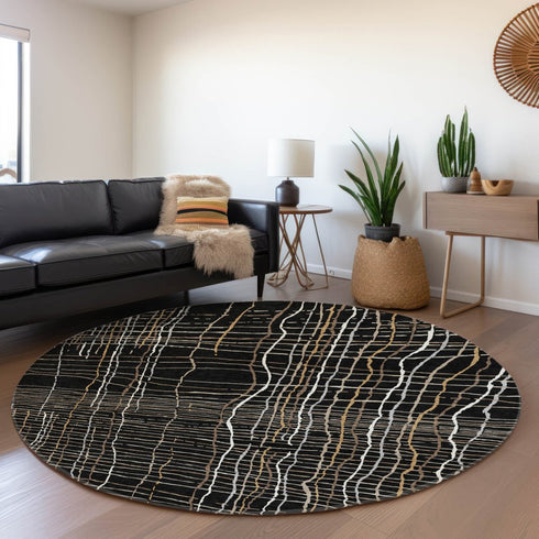 8' Black Ivory And Beige Striped Washable Round Rug With UV Protection