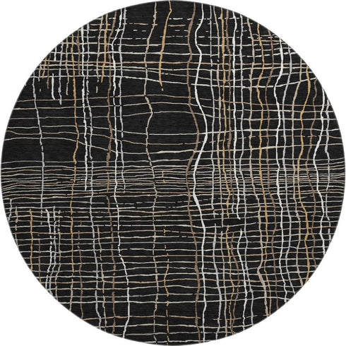 8' Black Ivory And Beige Striped Washable Round Rug With UV Protection