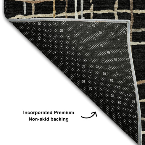 8' Black Ivory And Beige Striped Washable Round Rug With UV Protection